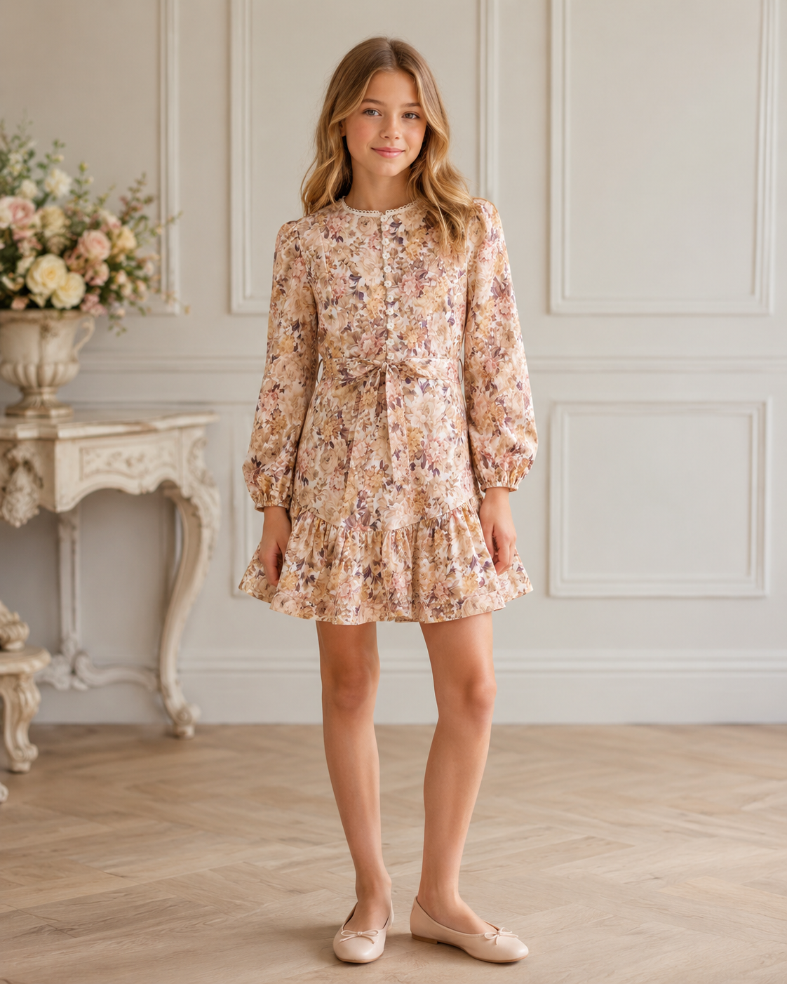 A young girl stands in a beautifully decorated room wearing a long-sleeved, ruffled mini dress with a delicate floral pattern in soft pink, beige, and yellow tones. She is wearing beige ballet flats.