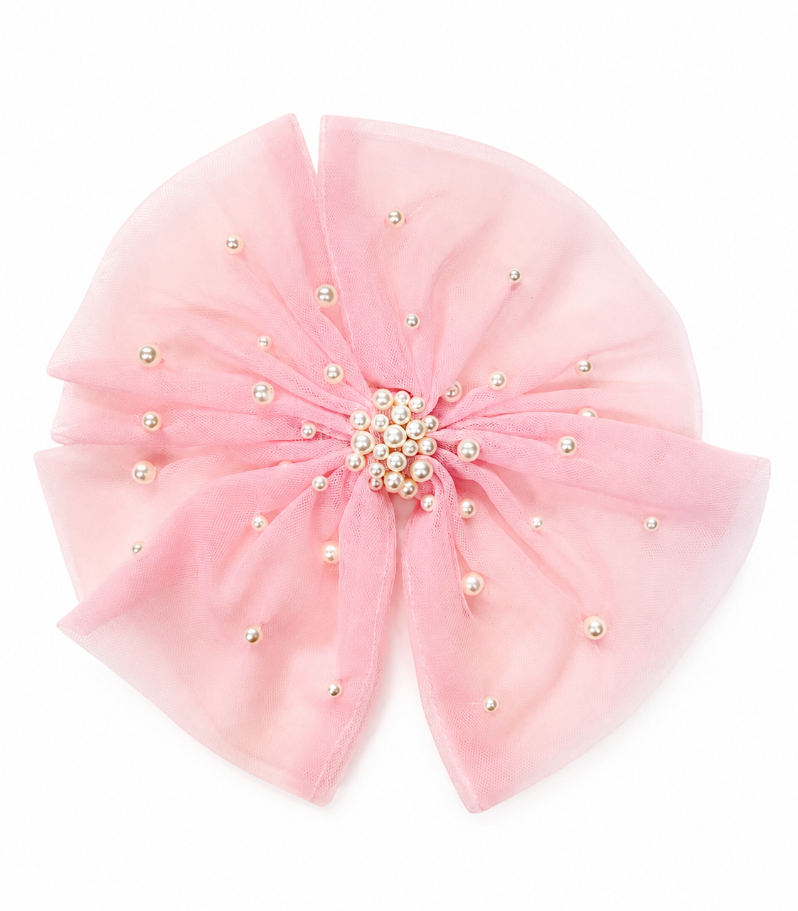 A large light pink organza bow for girls embellished with small pearl-like beads and metallic gold beads, centered on a plain white background.