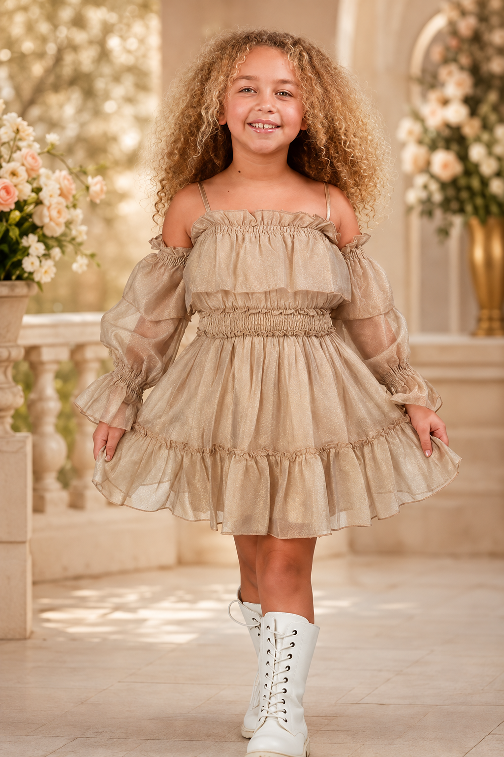 A young girl with curly blonde hair wearing a champagne beige off-the-shoulder ruffled dress and white lace-up boots, standing in a sunlit indoor garden setting.