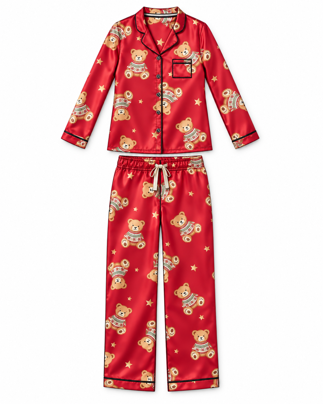 A two-piece children's pajama set featuring a long-sleeve button-front top and matching pants in red satin with an all-over teddy bear and star print, shown on a plain white background.
