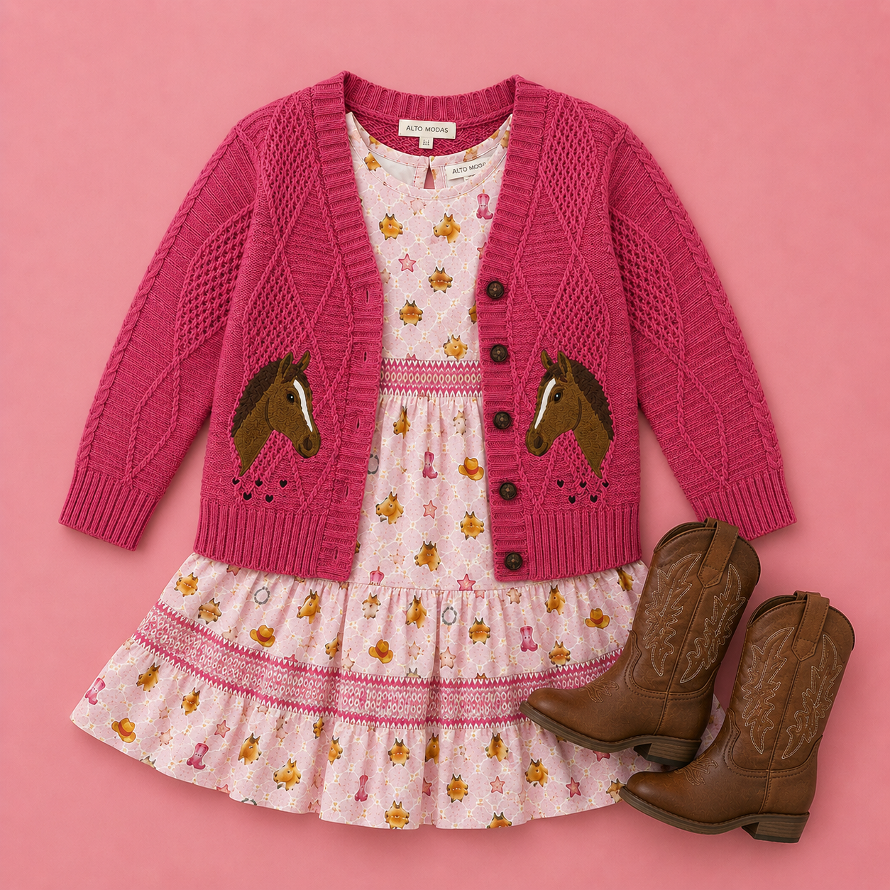 girls horse sweater with western print dress and brown cowgirl boots