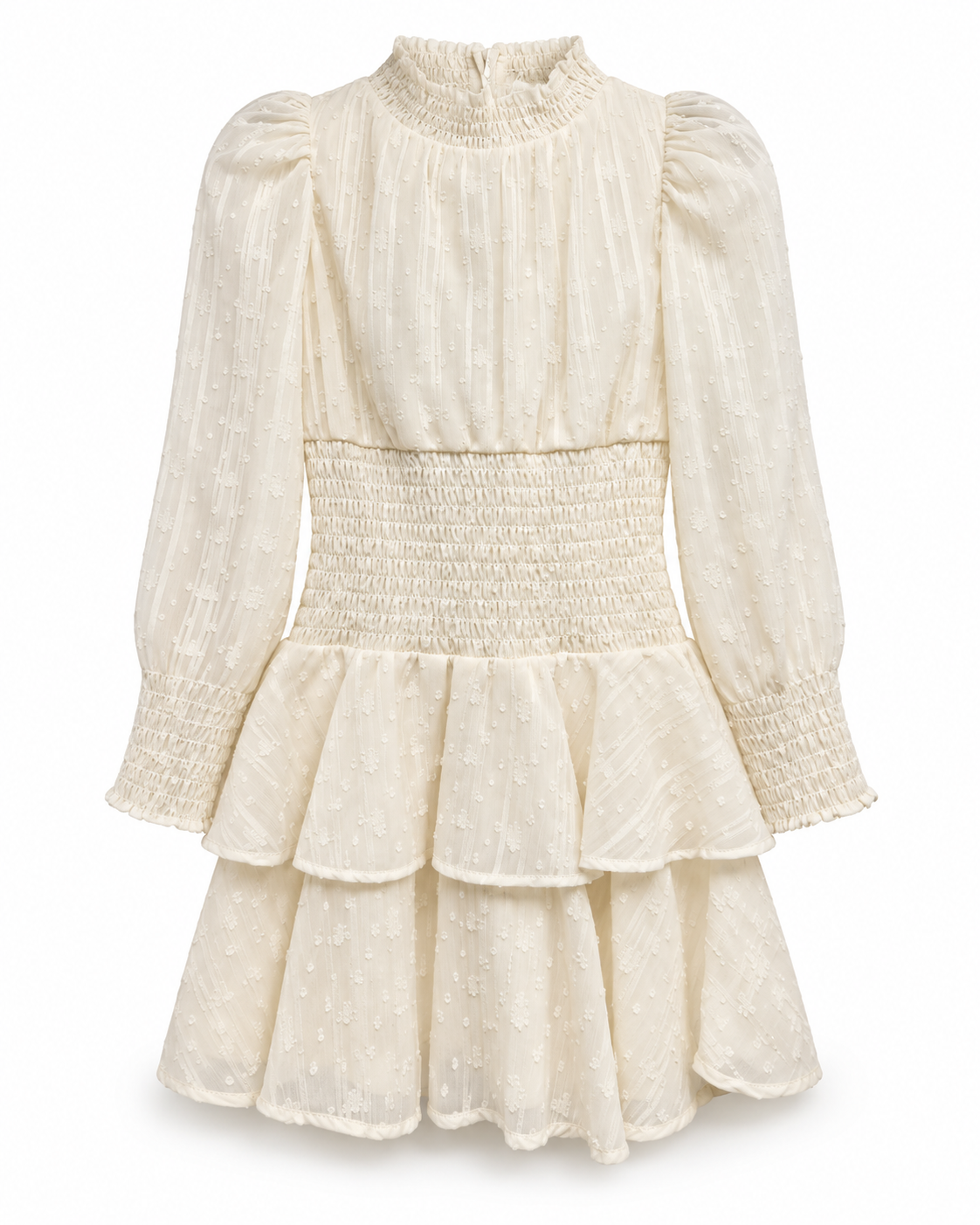 Ava & Yelly girls ivory swiss dot dress with long puff sleeves, smocked waist and layered ruffle skirt.
