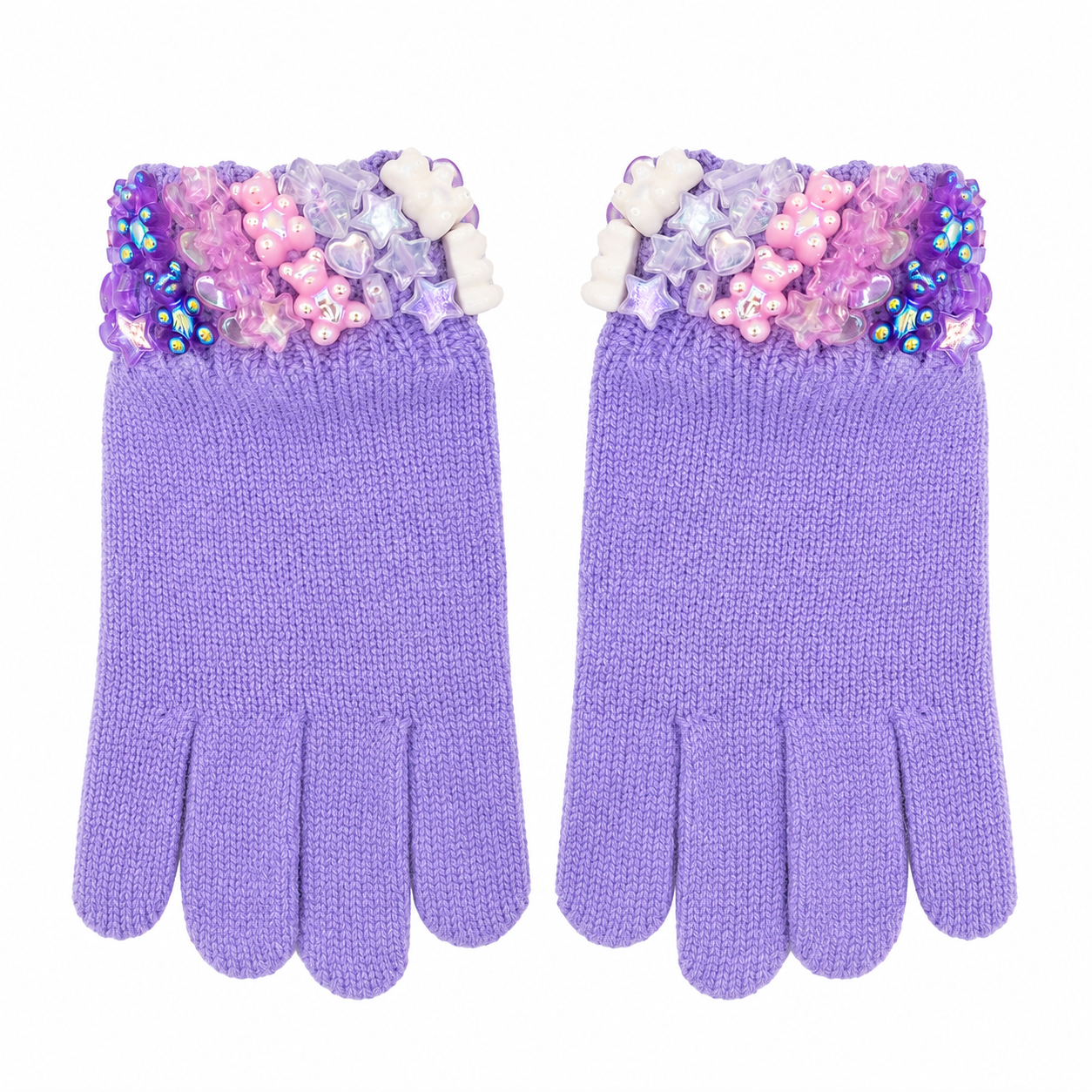 A pair of lavender purple knit gloves decorated with colorful sequins and star-shaped embellishments around the cuffs, shown against a plain white background.