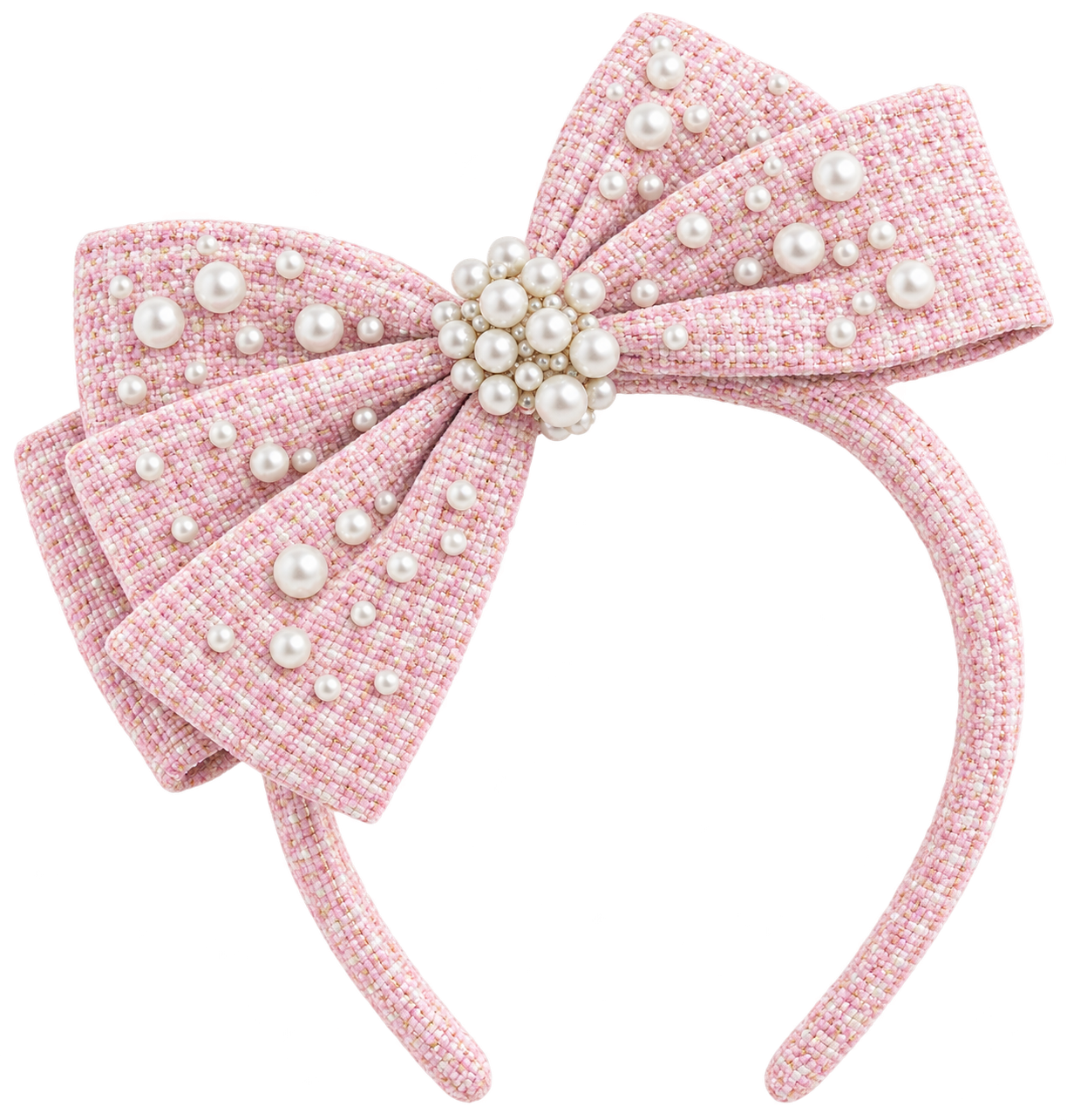 A pink tweed bow headband decorated with faux pearls and a central pearl cluster, shown on a plain white background.