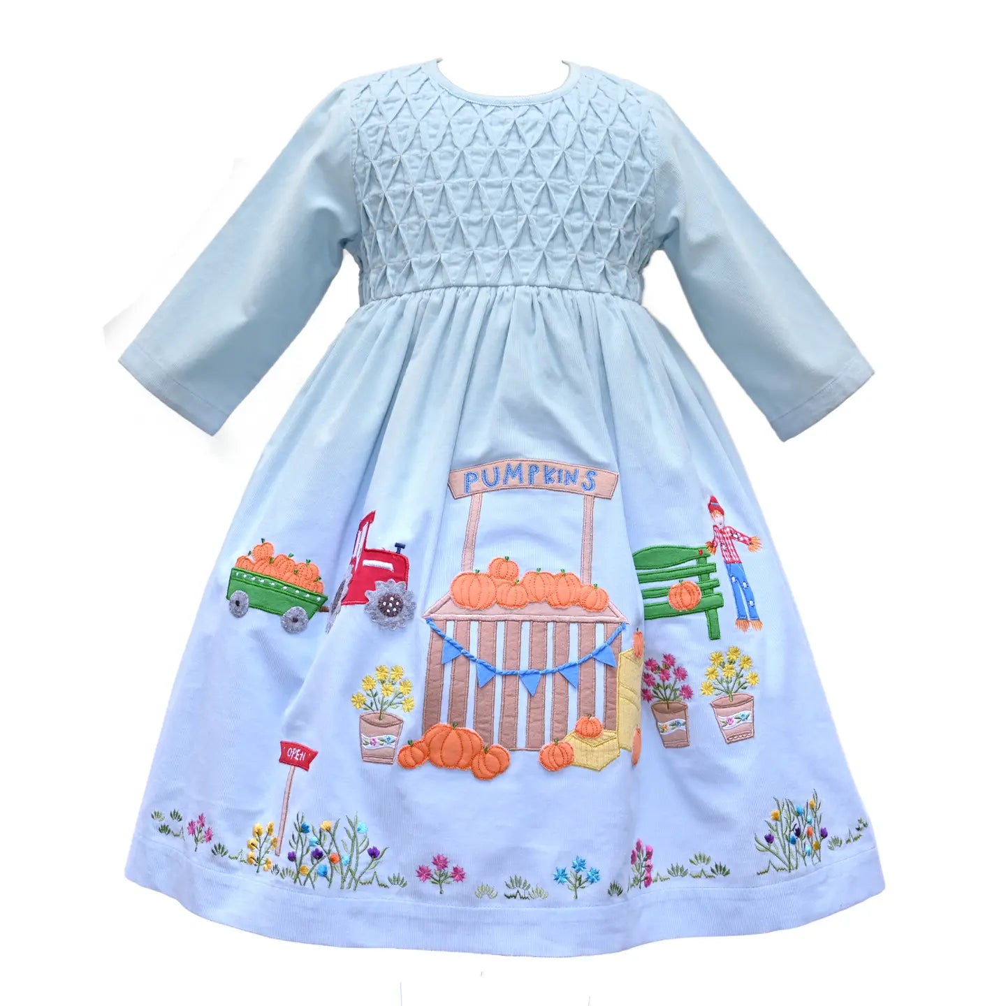 Cotton Kids blue corduroy girls pumpkin patch dress with embroidered pumpkins and fall farm scene