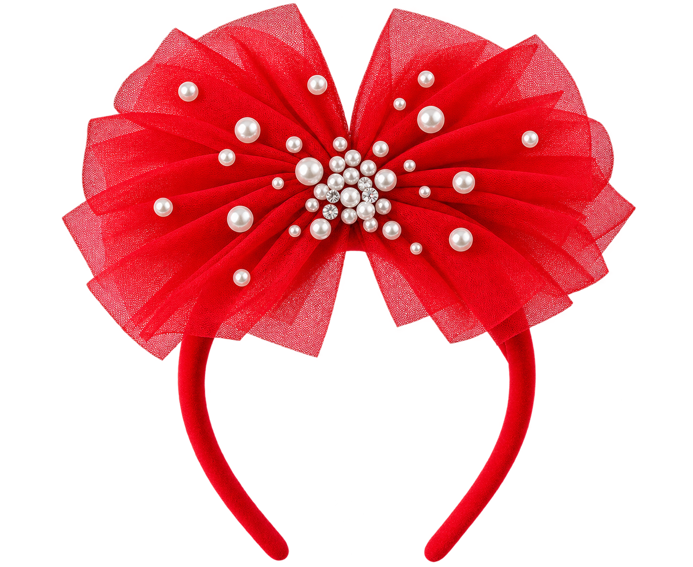 A girls red headband featuring a large, symmetrical double-bow design made of sheer red tulle, embellished with white faux pearls and a central cluster of rhinestones.