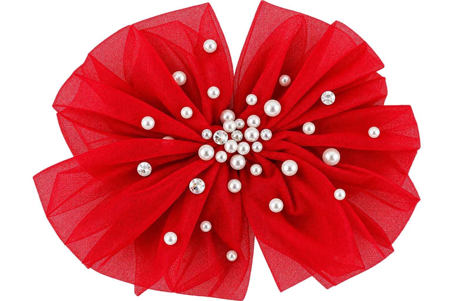 A girls red tulle flower hair clip decorated with white faux pearls and a rhinestone-embellished center, shown on a plain white background.