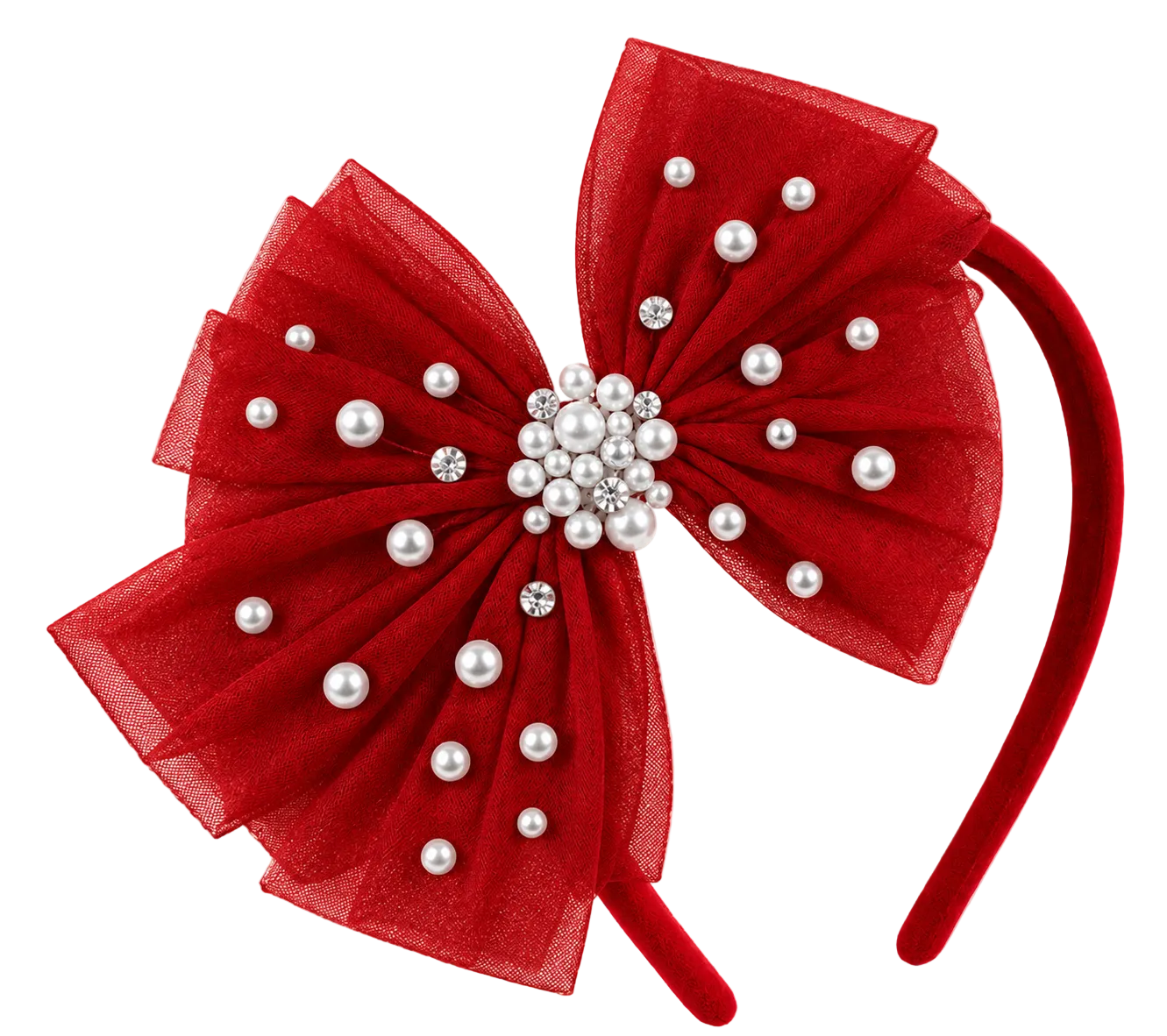 A red sheer tulle hair bow headband decorated with white faux pearls and a central cluster of rhinestones, shown on a transparent checkered background.