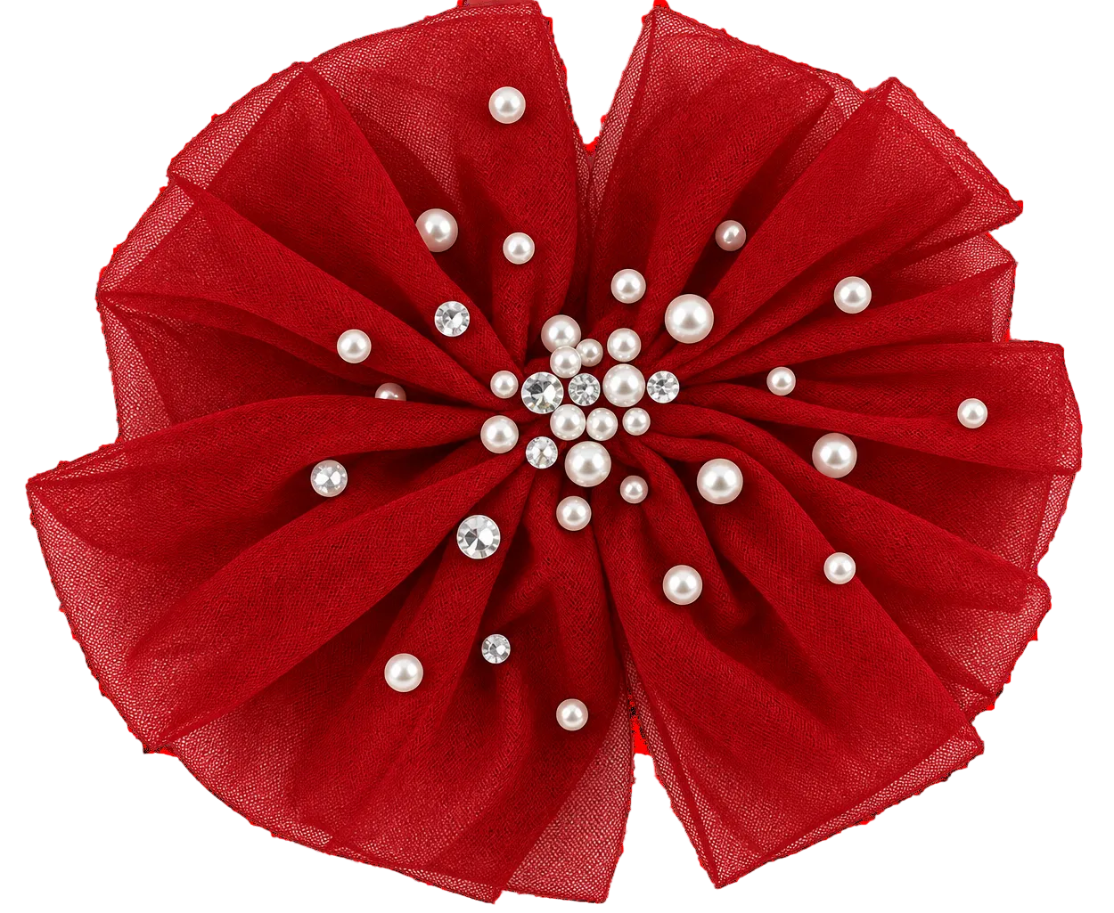 A girls red tulle flower hair clip decorated with white faux pearls and a rhinestone-embellished center, shown on a plain white background.