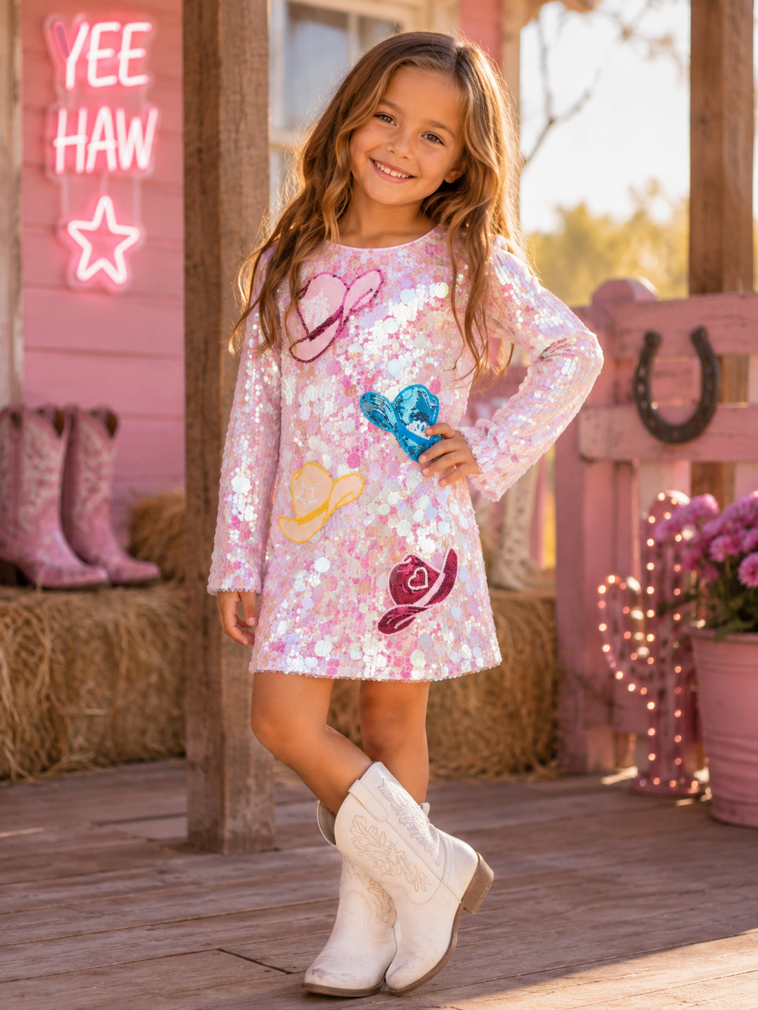 A young girl stands on a rustic porch wearing a long-sleeve pink sequined dress with western-themed appliques, including a blue heart, yellow horseshoe, and pink cowboy hat, paired with white cowboy boots.