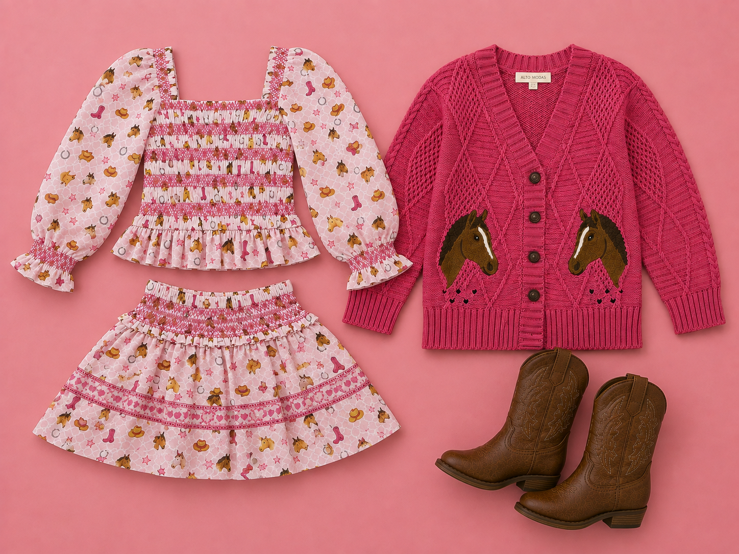 A coordinated children's outfit set laid flat on a pink background, including a pink smocked long-sleeve top, a matching skirt with a floral and pattern print, a bright pink cable-knit cardigan with embroidered horse heads, and brown cowboy boots.