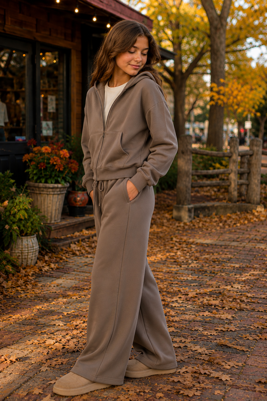 tween girl wearing a brown sweat outfit in the fall leaves outside