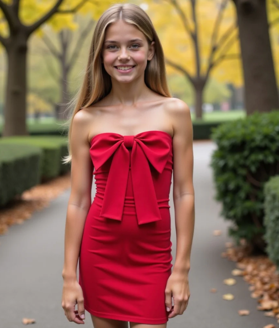 tween girl wearing a red bow party dress 
