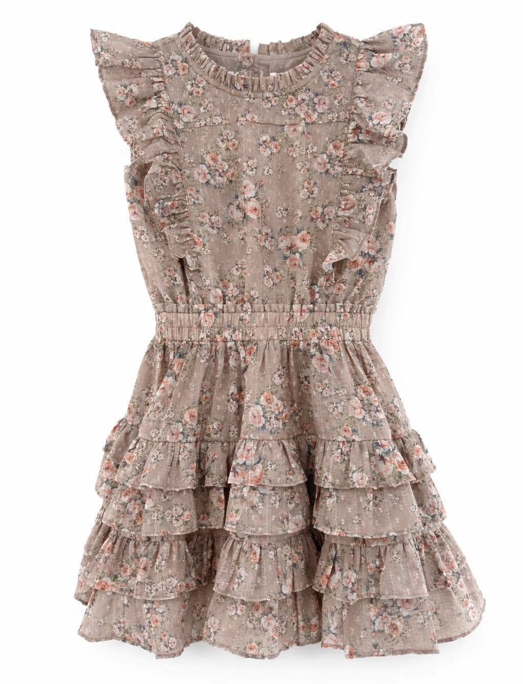 A sleeveless tiered ruffle dress in a dusty taupe floral print, featuring a smocked waist and flutter sleeves, shown against a plain white background.