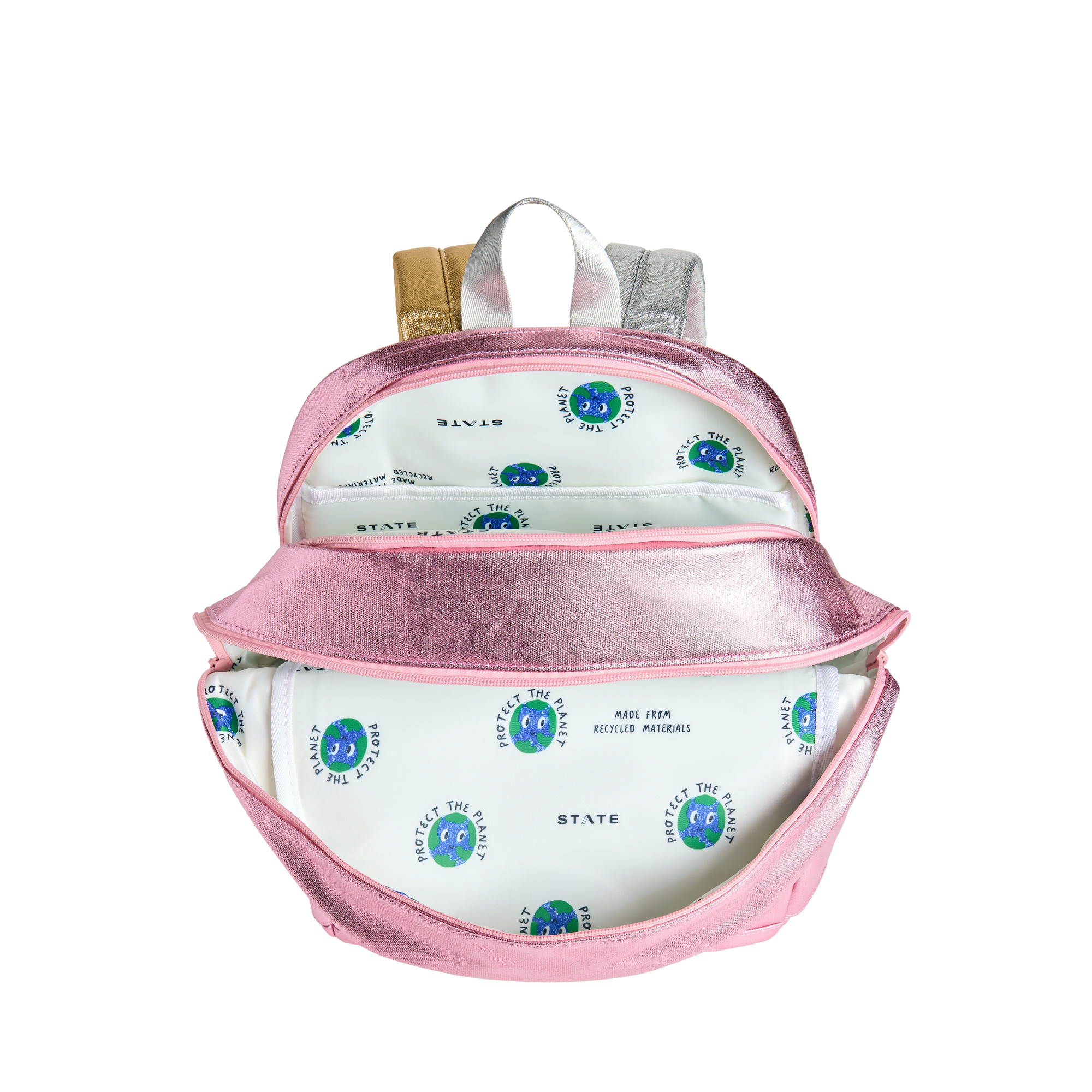 Pink backpack with white interior and visible STATE branding on a white background
