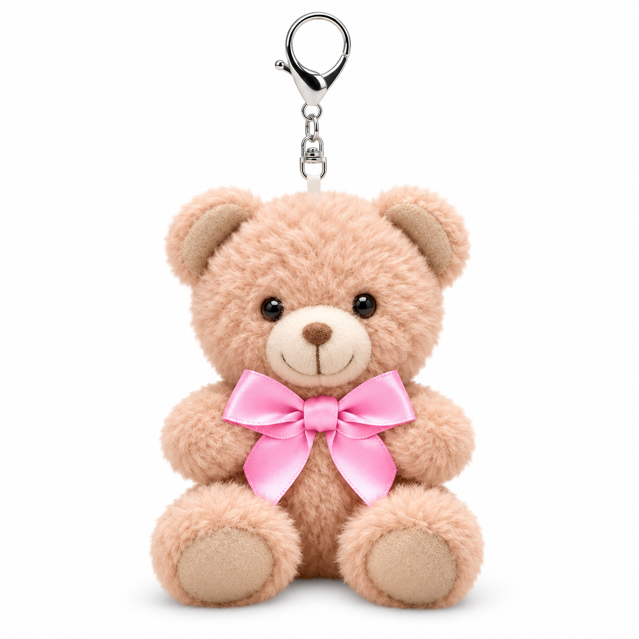 Iscream Bear Bag Charm, plush teddy bear keychain with pink satin bow and silver clip on white background