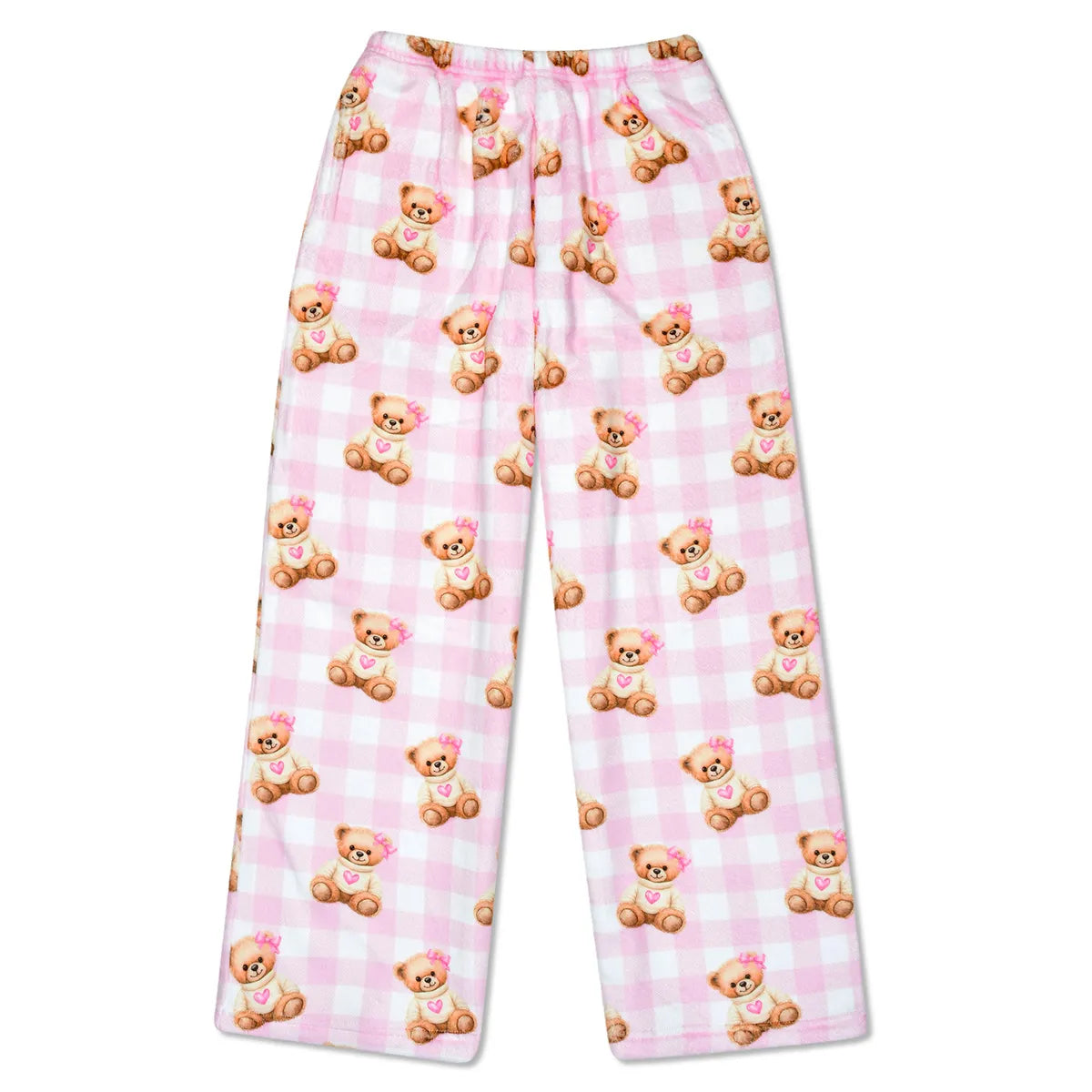 Girls pink gingham teddy bear plush lounge pants by Iscream, Beary Coquette print