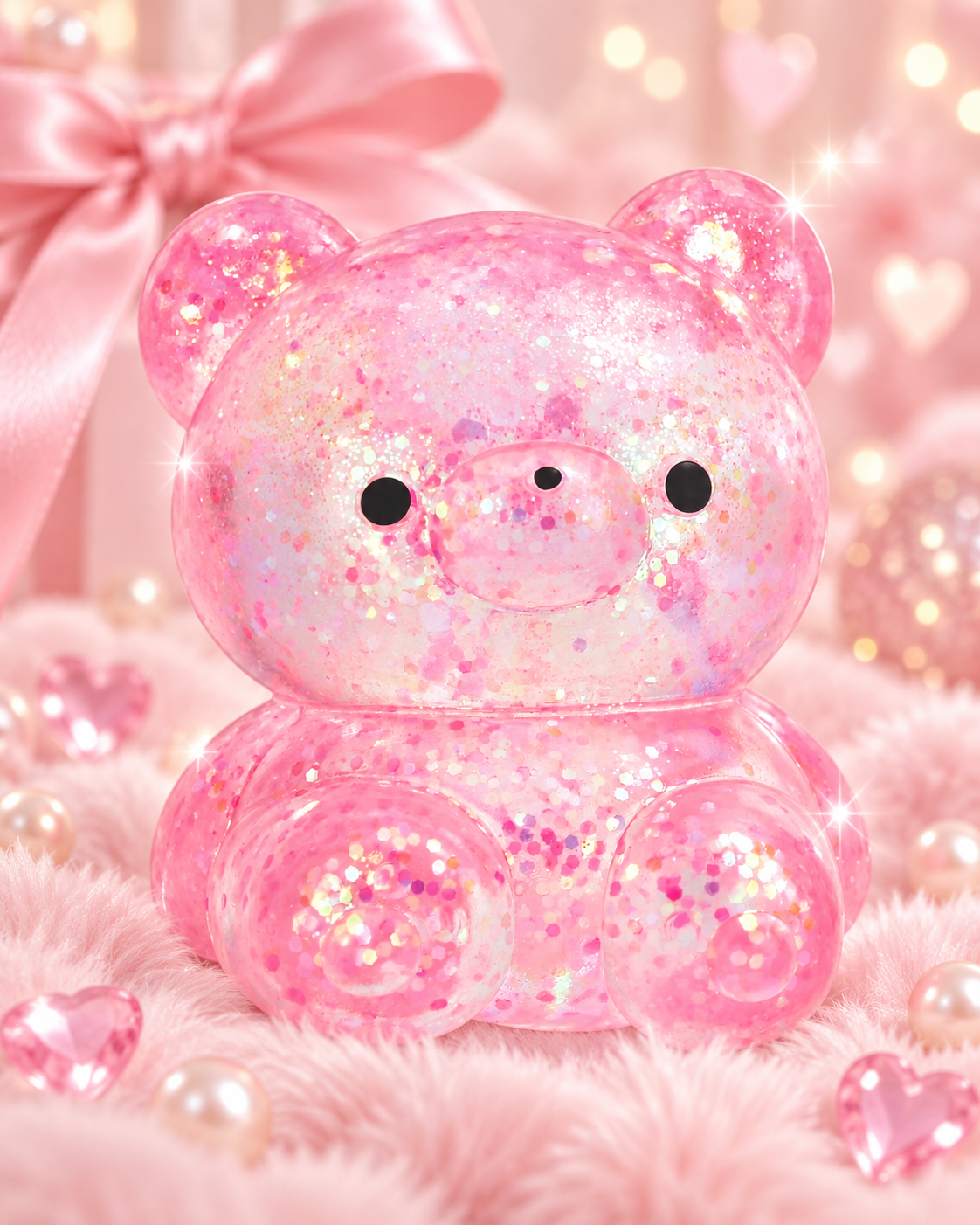Pink glitter bear squeeze toy styled on a soft pink gift background with bows, pearls and hearts