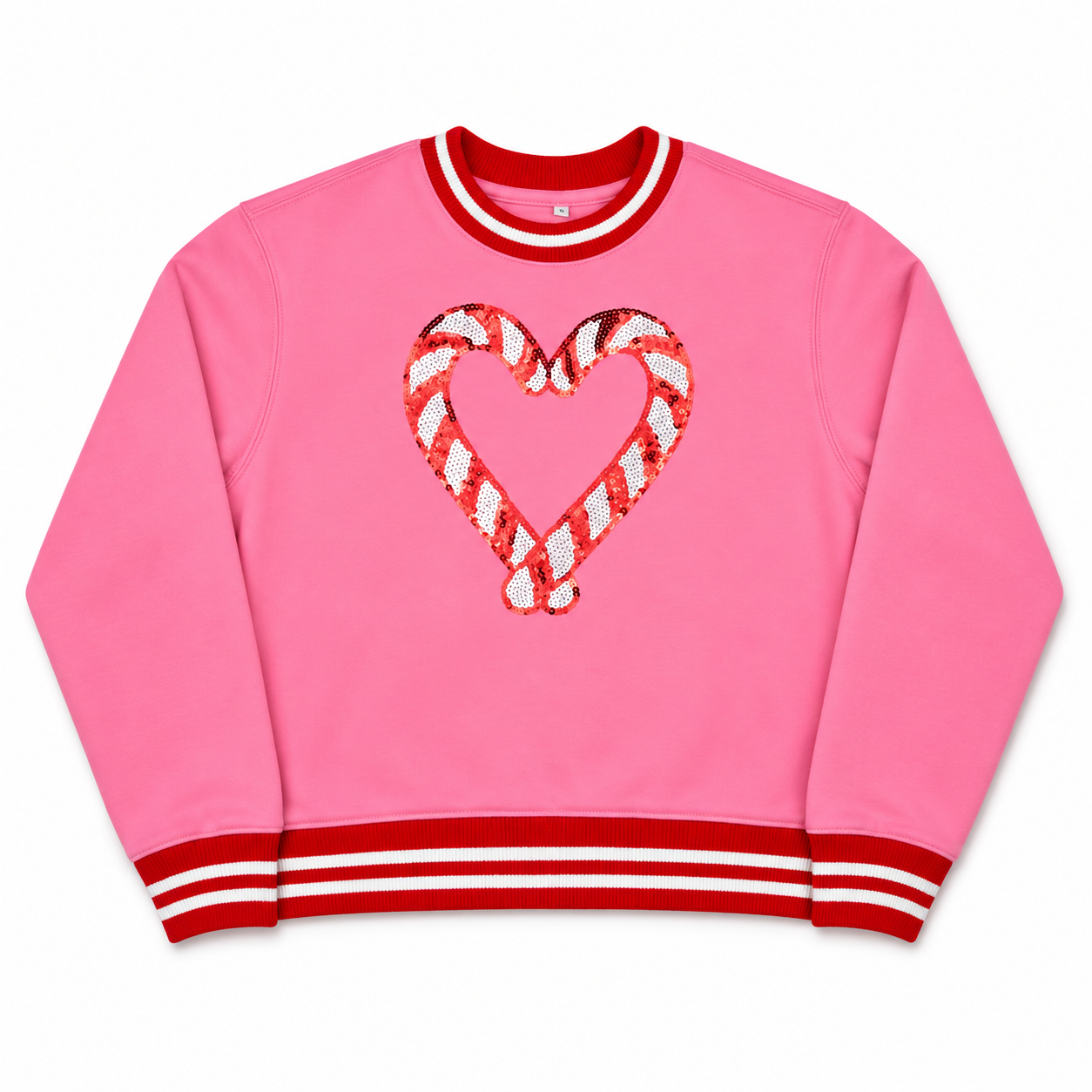 Iscream pink Candy Canes Heart Sweatshirt with sequin candy cane heart and red and white striped trim