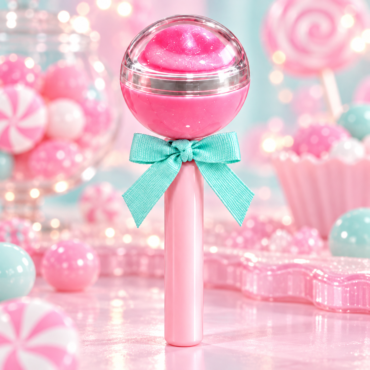 Pink lollipop-shaped lip gloss with aqua bow on a pastel candy-themed background