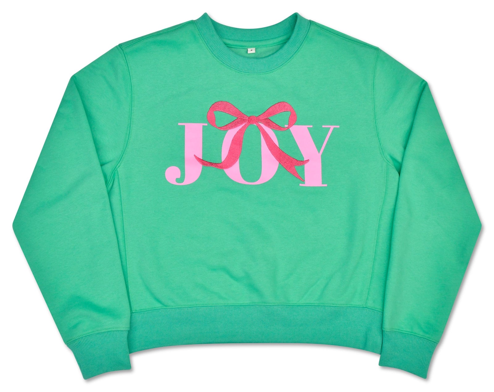Iscream Joy Holiday green sweatshirt with pink JOY and bow graphic