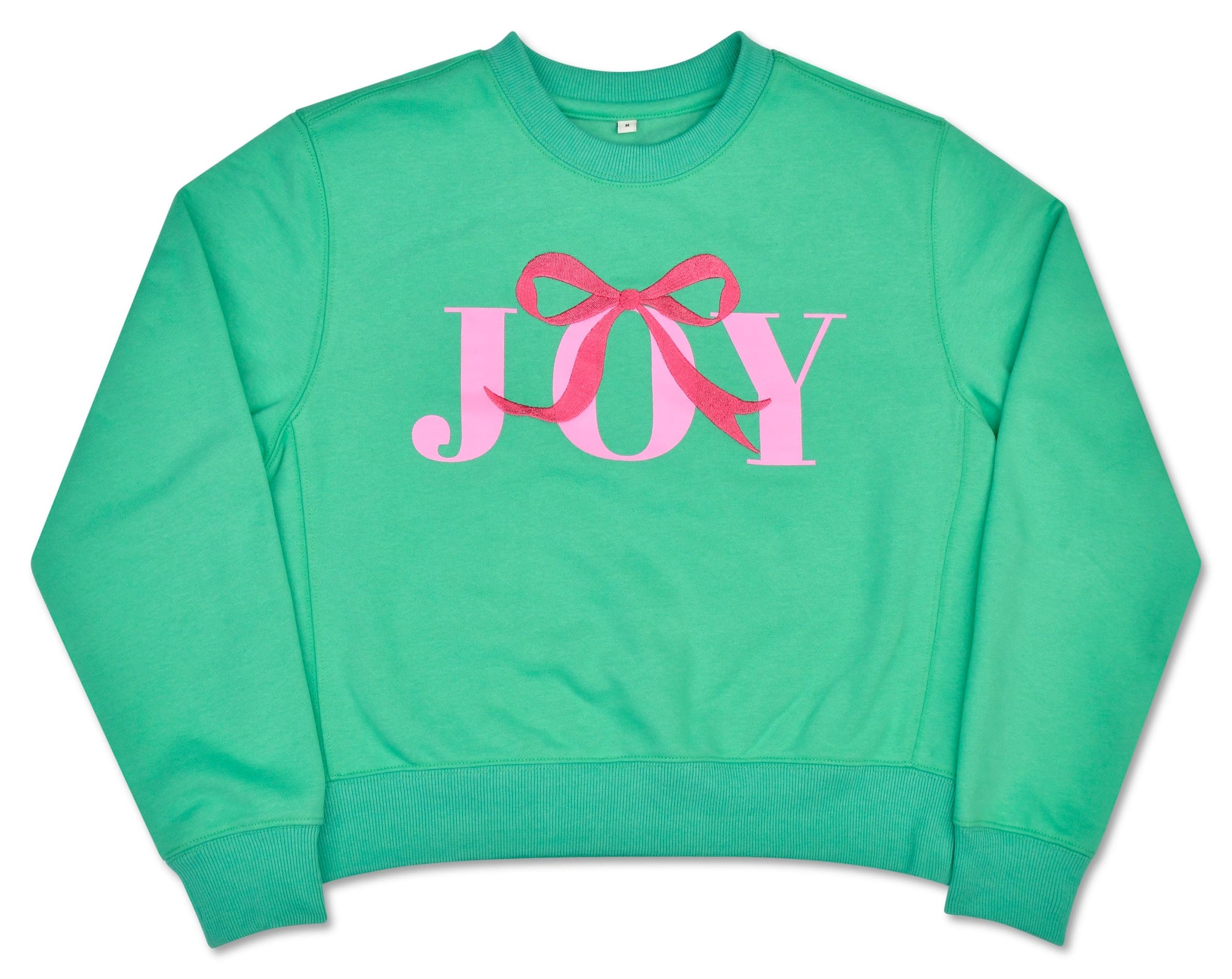 Iscream Joy Holiday green sweatshirt with pink JOY and bow graphic