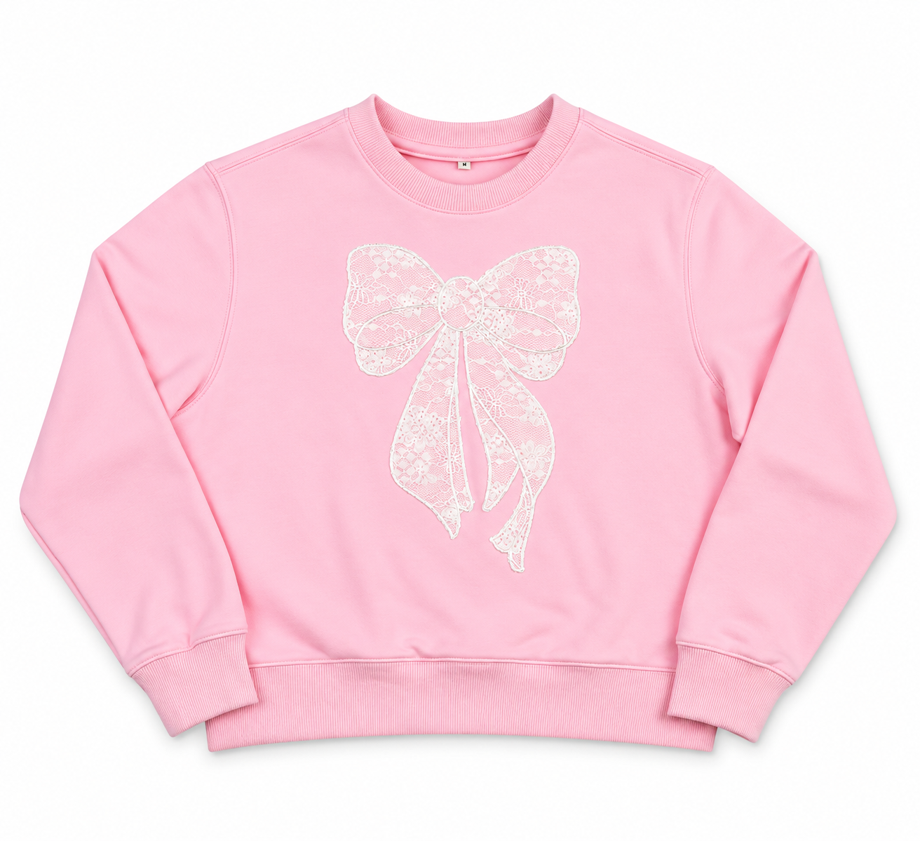 Iscream Lace Bow Pink Sweatshirt for girls featuring oversized white floral lace bow applique