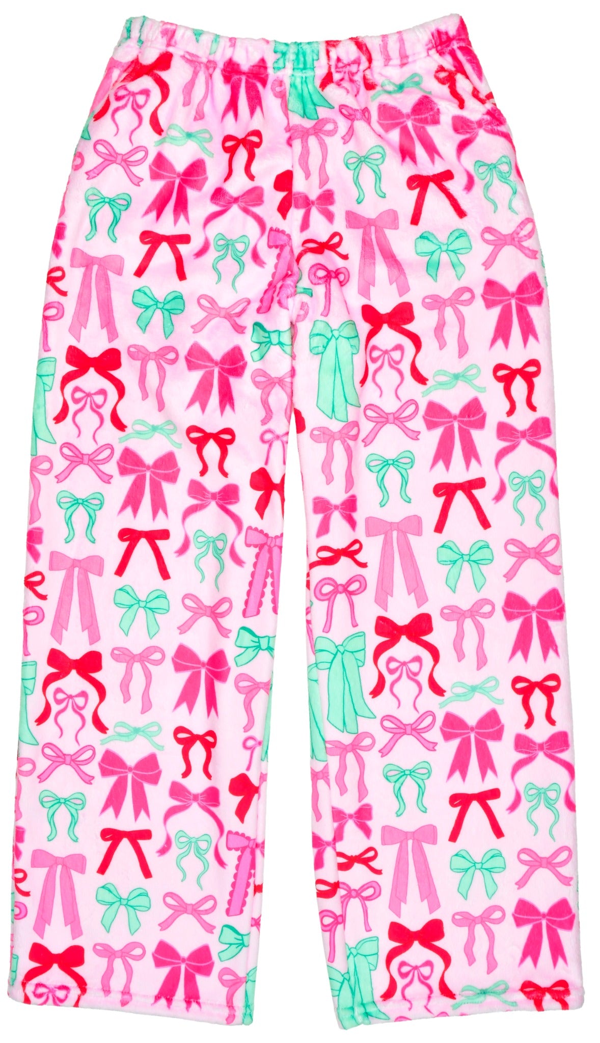 Iscream Merry Bows plush pants in pink, red and mint holiday bow print