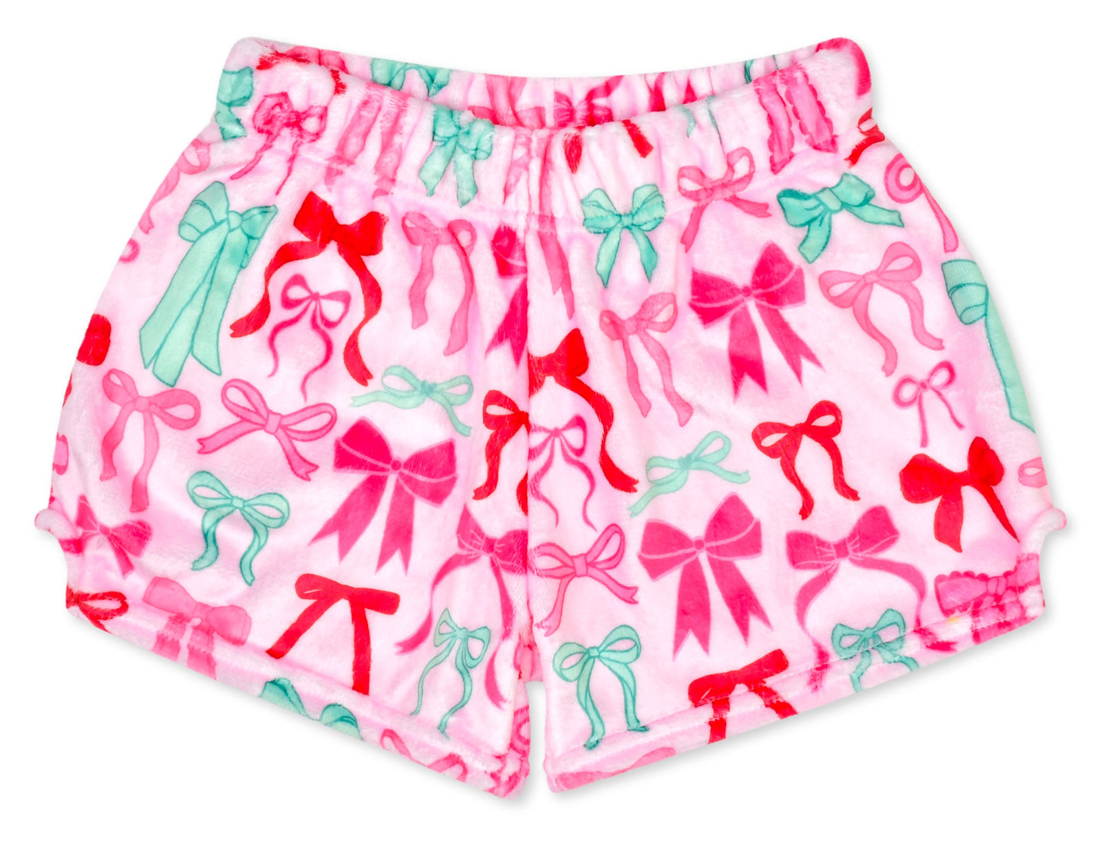 Iscream Merry Bows plush shorts front view in pink holiday bow print