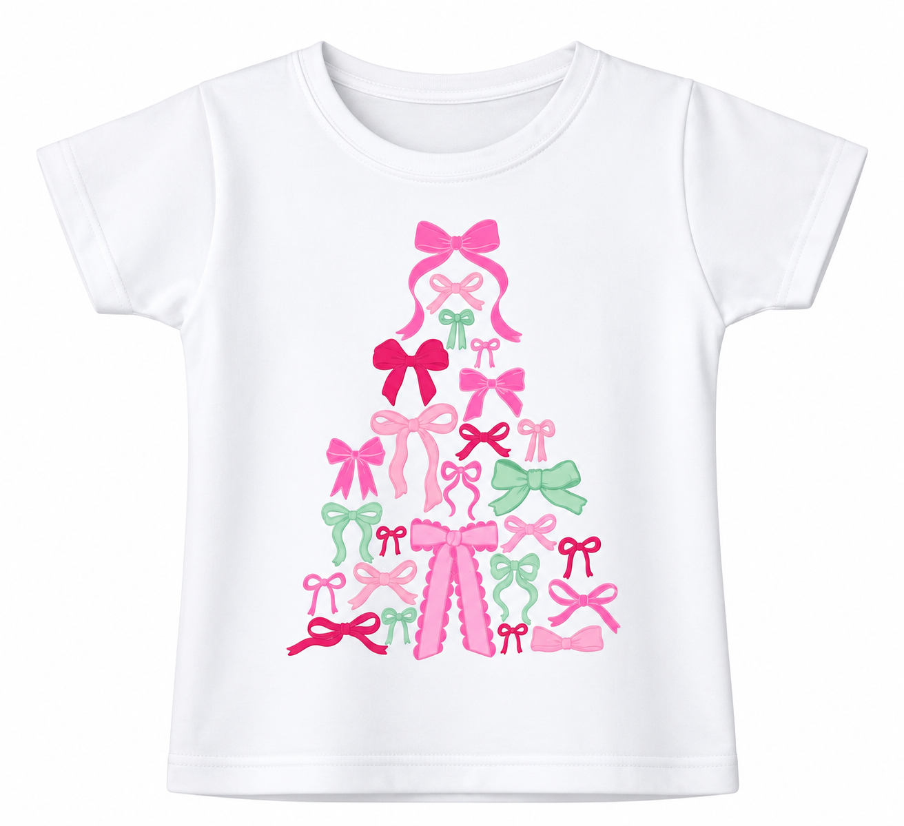 Girls white Christmas T-shirt with pink and mint bow tree graphic