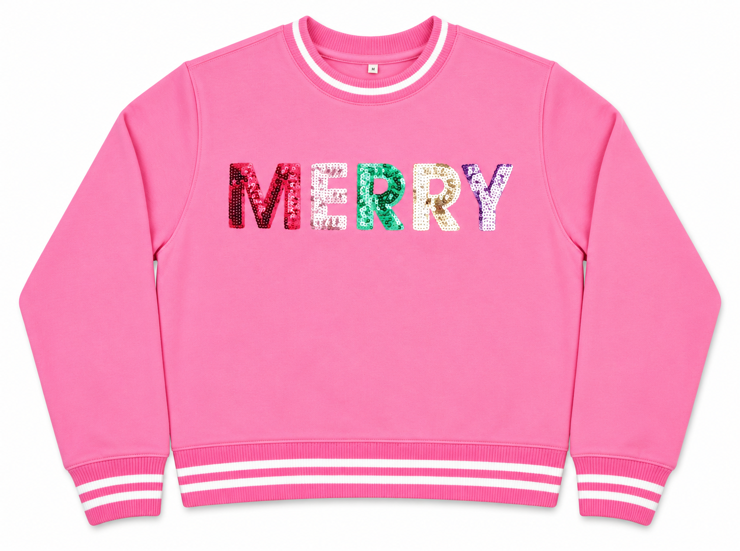 Bright pink girls holiday sweatshirt with multicolor sequin MERRY lettering and striped rib trim