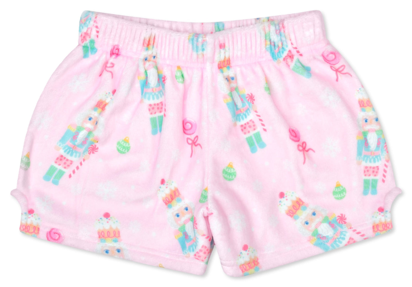 Iscream Nutcracker Treat plush shorts front view in pink holiday nutcracker print
