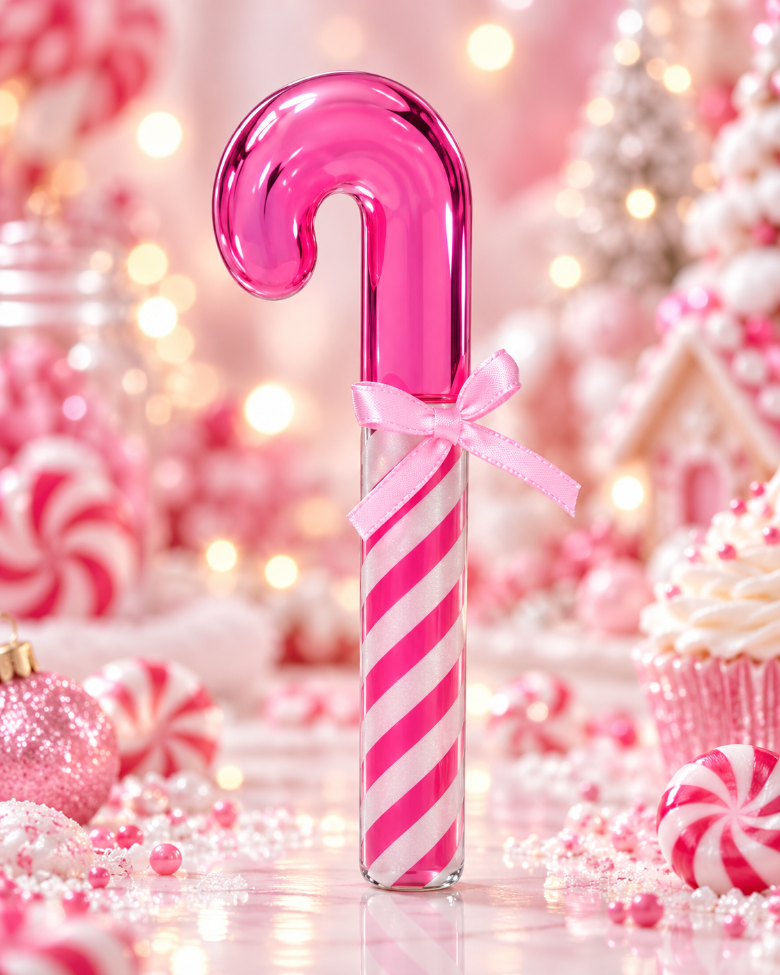 Pink candy cane shaped lip gloss with bow on a festive peppermint holiday background