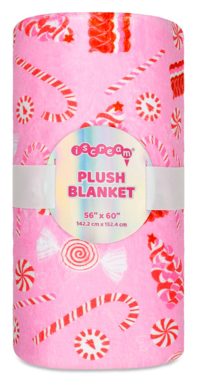 Iscream Peppermint Twist plush blanket in pink candy cane holiday print