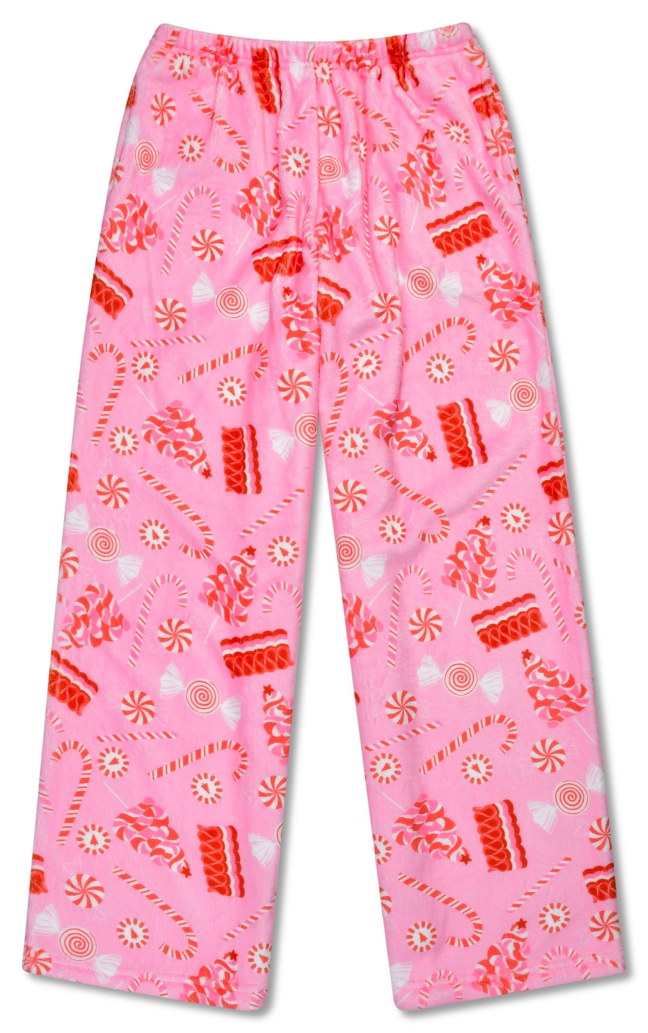 Iscream Peppermint Twist plush pants in pink candy cane holiday print