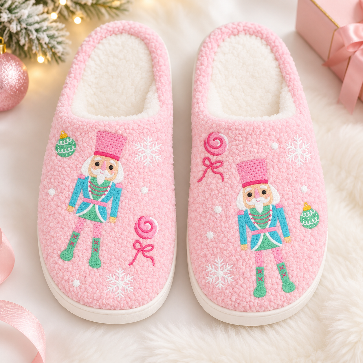 Pink girls slippers with embroidered nutcracker, candy and snowflake holiday details