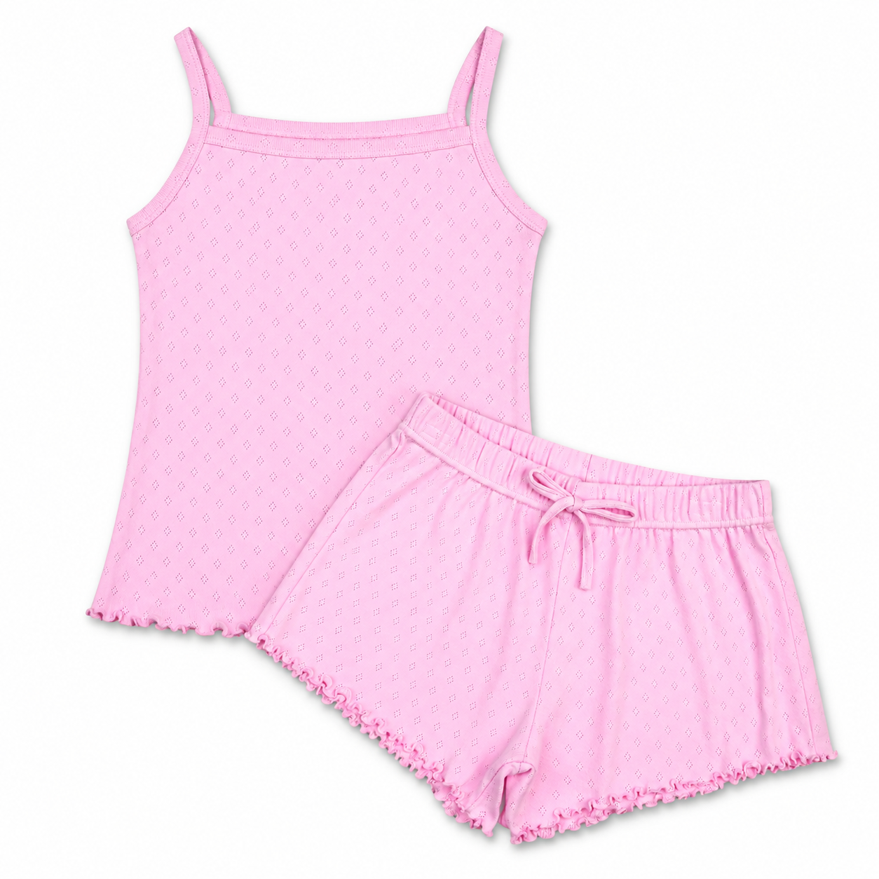 Iscream pink pointelle tank and shorts lounge set with lettuce-edge hems