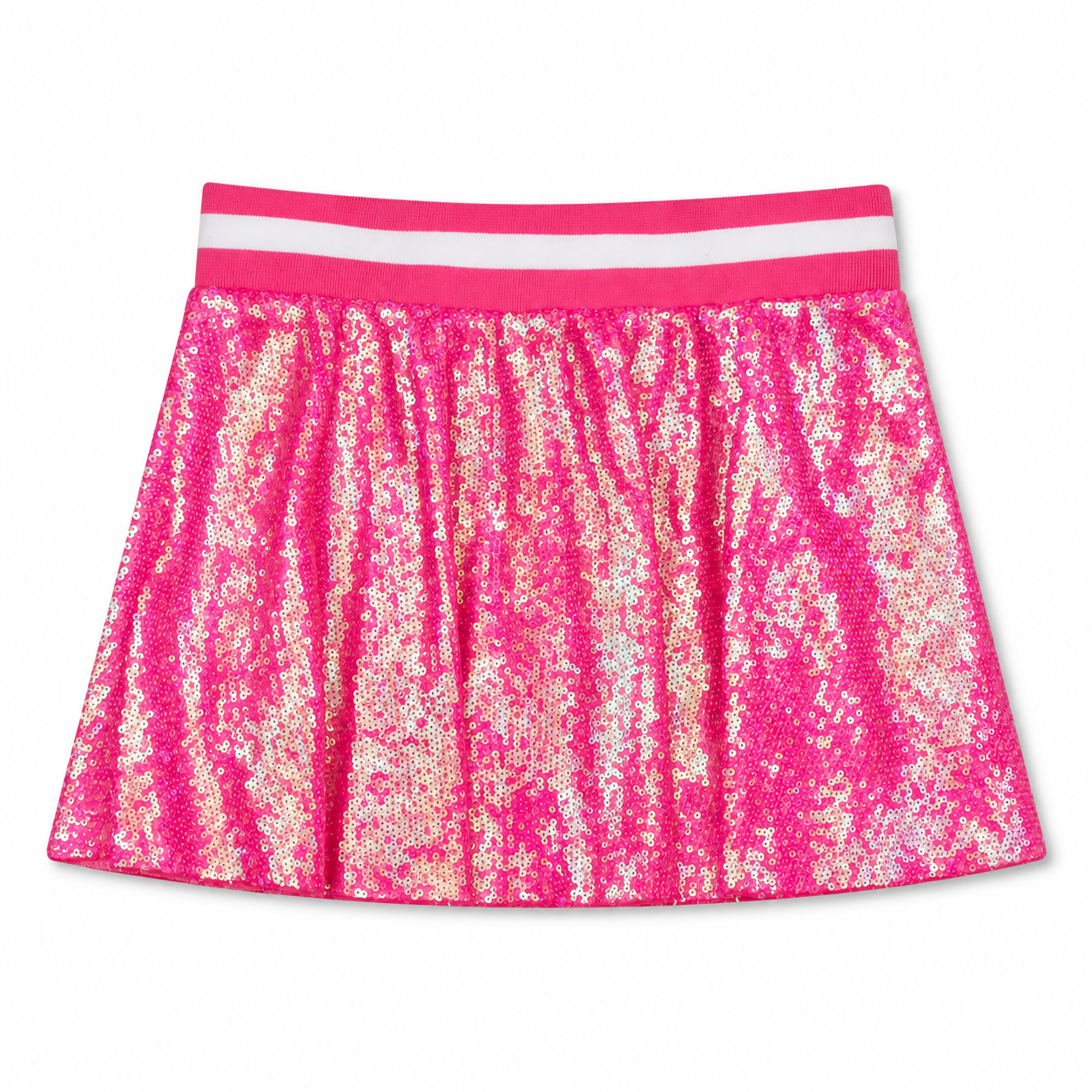 Iscream pink sequin skort with pink and white striped waistband