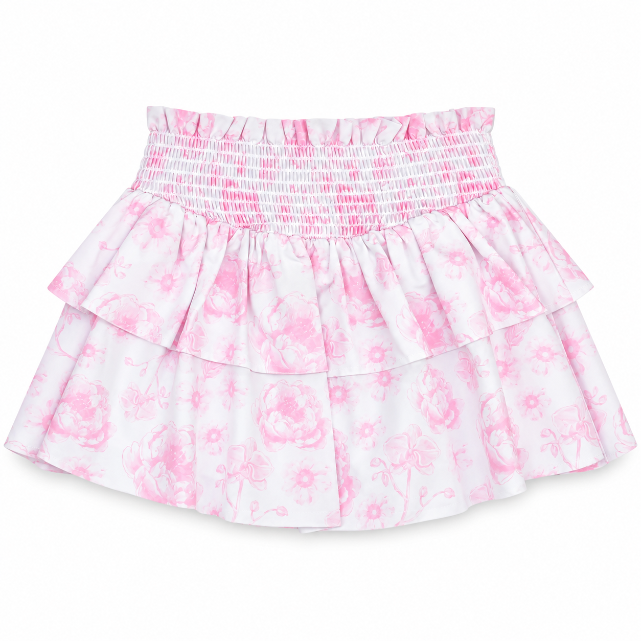 Iscream Pink Toile Tiered Skort with pink floral print, smocked waist and two ruffled tiers on white background