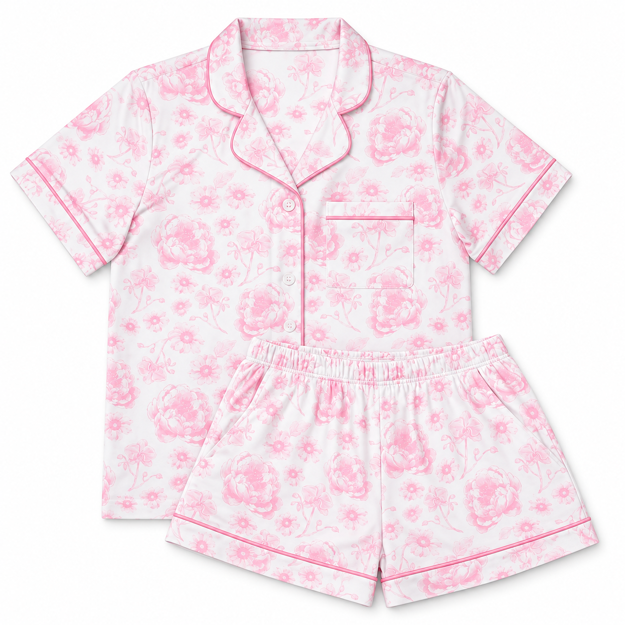 Iscream girls Pretty Pink Toile two-piece lounge set with floral button-front top and matching pink-piped shorts