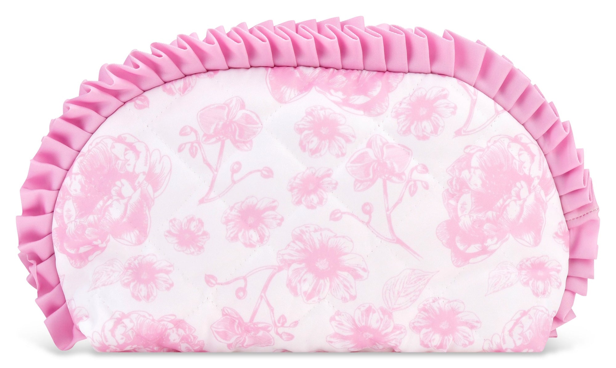 Iscream Pretty Pink Toile Oval Cosmetic Bag front view with ruffle trim