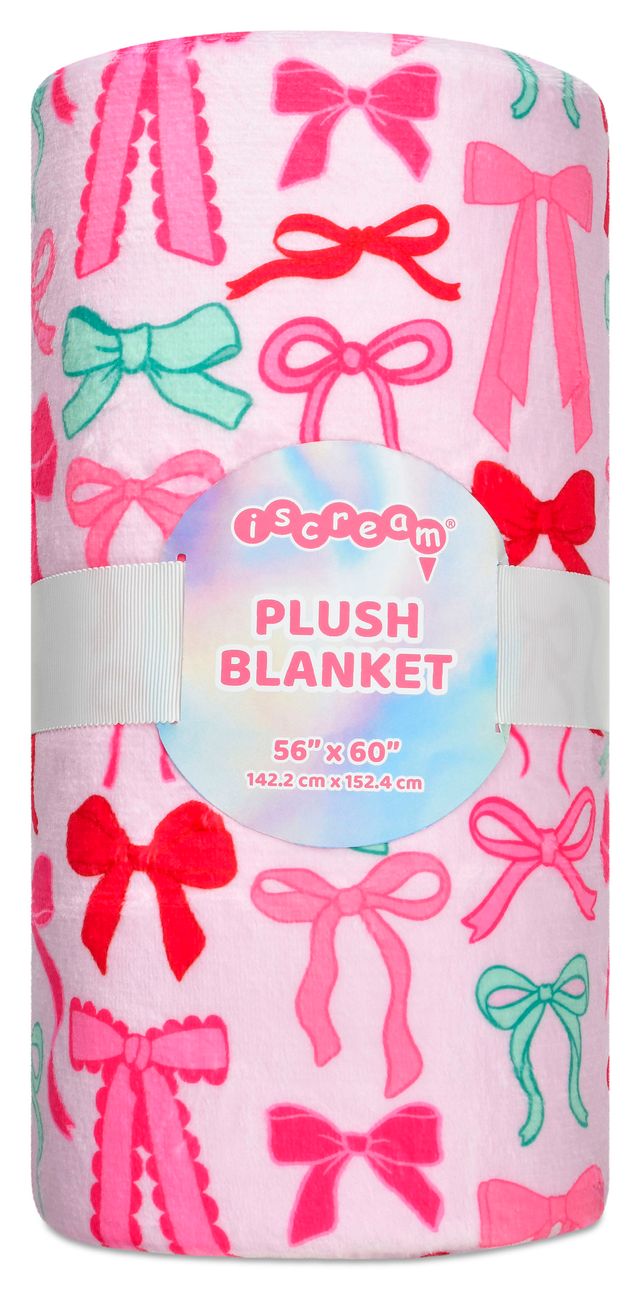Iscream Merry Bows plush blanket with pink, red and mint bow print