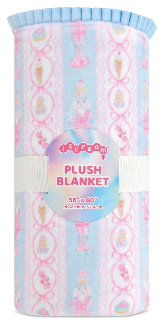 Iscream Sweet Nutcrackers plush blanket in pastel pink and blue holiday print