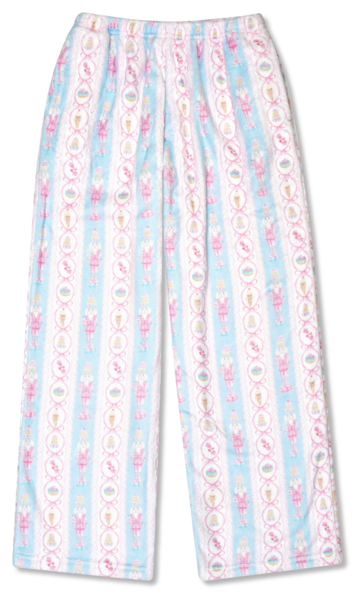 Iscream Sweet Nutcrackers plush pants in pastel blue and pink holiday print