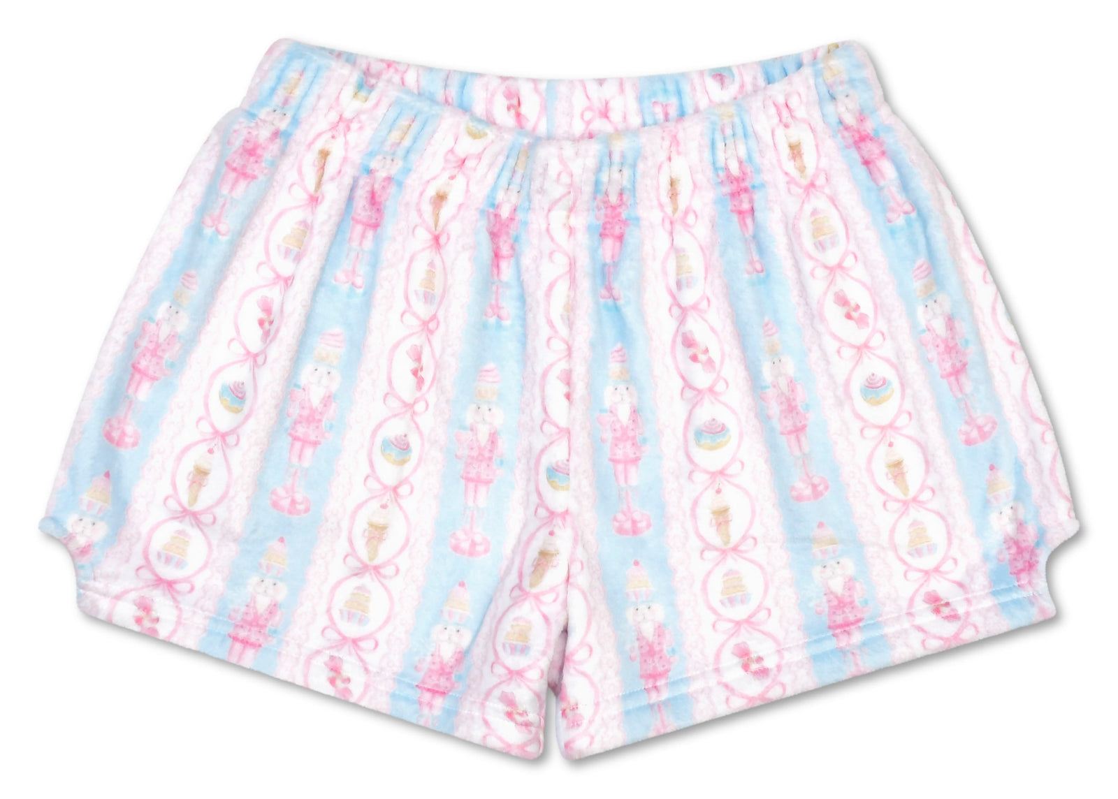 Iscream Sweet Nutcrackers plush shorts front view in pastel blue and pink holiday print