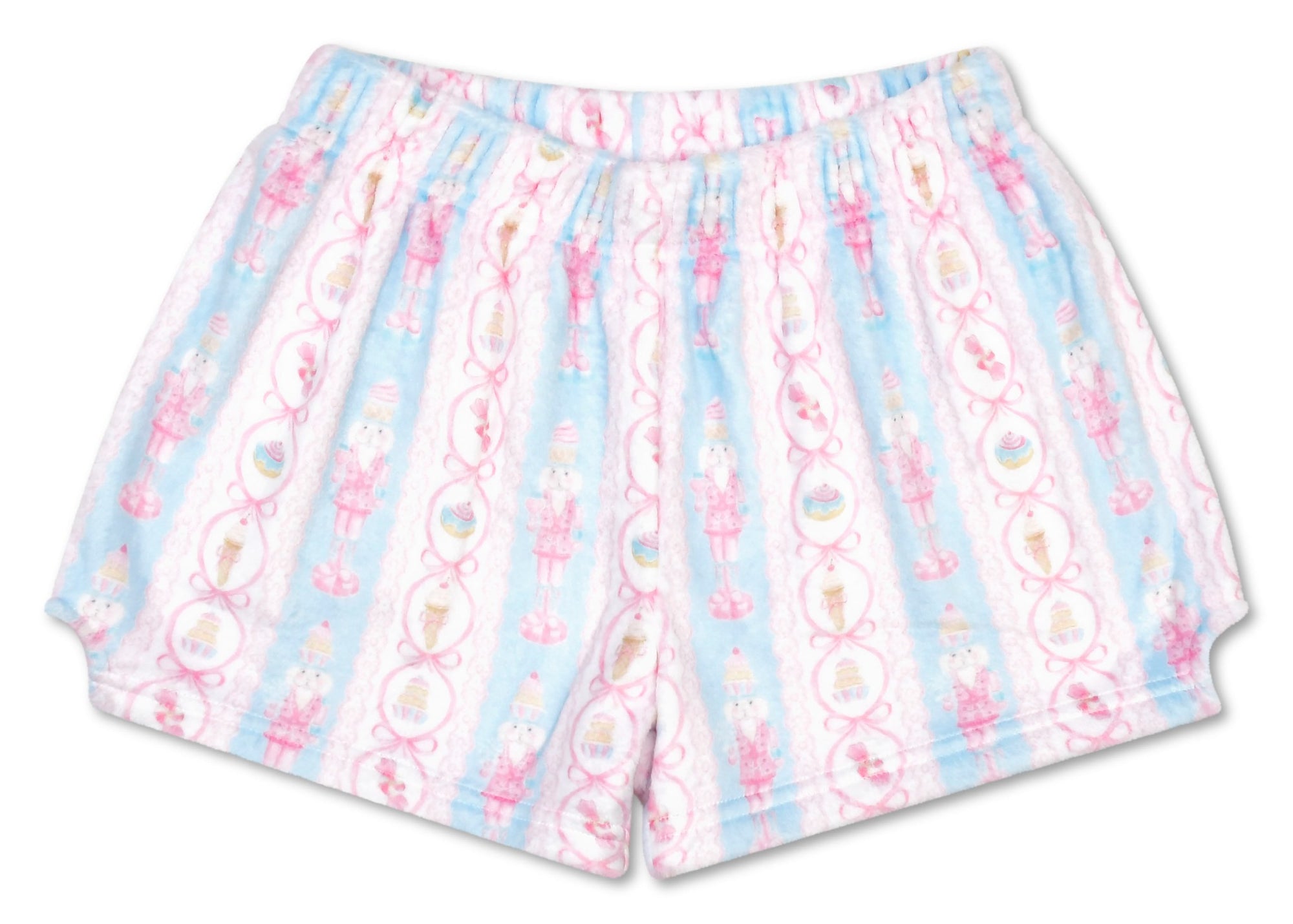 Iscream Sweet Nutcrackers plush shorts front view in pastel blue and pink holiday print