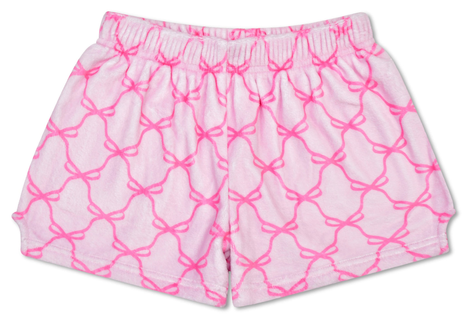 Iscream Sweet Trellis Bow plush shorts front view in pink bow trellis print