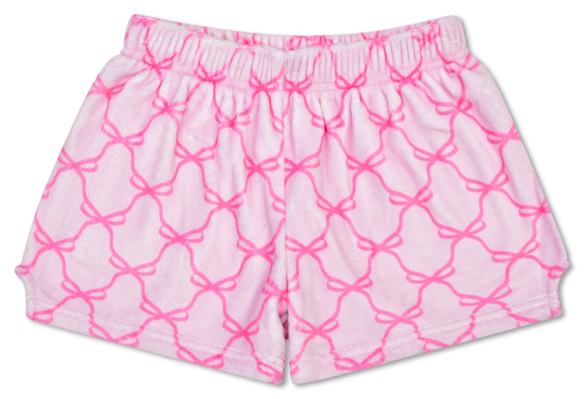 Iscream Sweet Trellis Bow plush shorts front view in pink bow trellis print