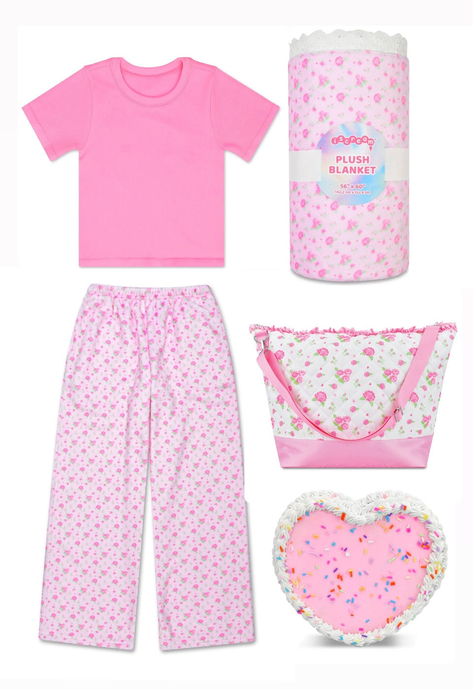 Pink girls floral gift set with matching plush blanket, bag, and heart-shaped pillow on a white background.
