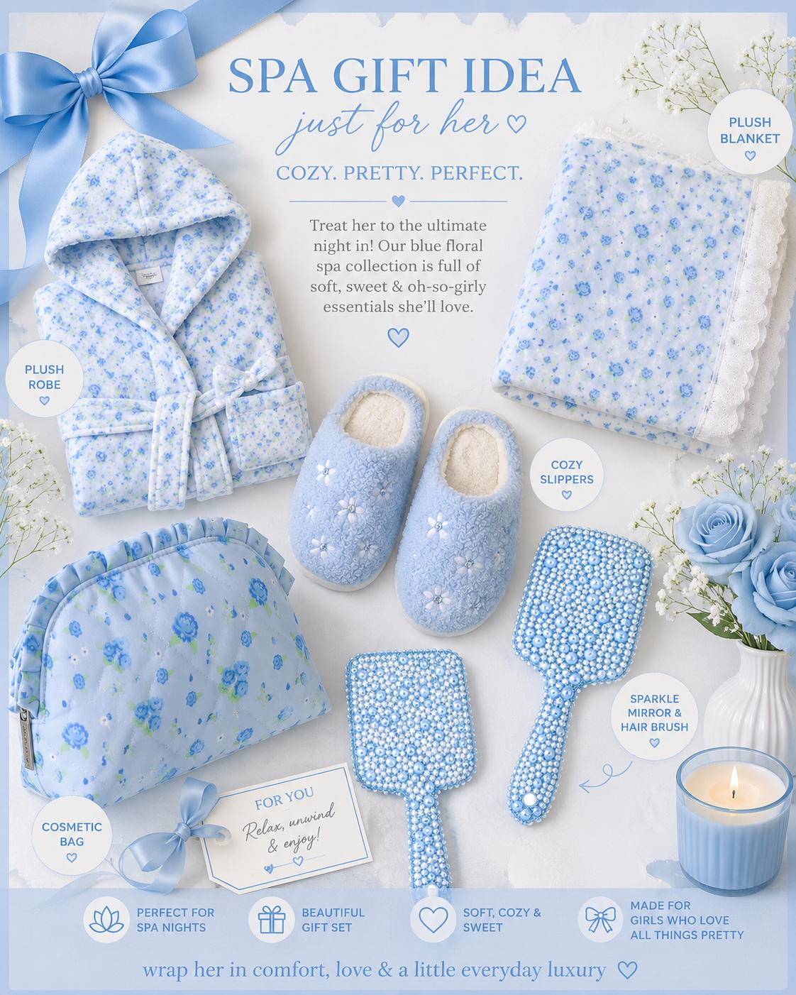 A girls spa gift set by Iscream arranged on a white background with decorative text and labels. The set includes a blue floral robe, plush blanket, plush rose, cozy slipper, sparkly hair brush, cosmetic bag, and a candle.